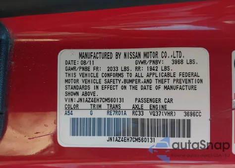 2012 Nissan 370Z Touring from USA, damaged, VIN JN1AZ4EH7CM560131
